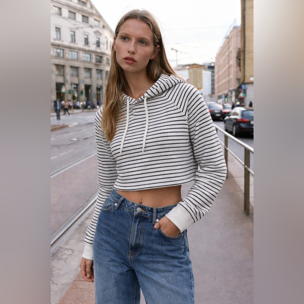 Striped Cropped Hoodie - Black and White